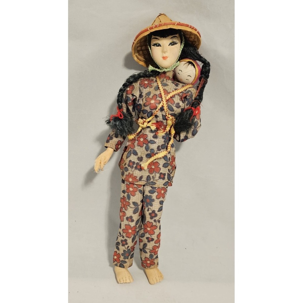 Vintage Nylon Doll, Asian Woman in Traditional Dress with Baby, 13" Tall